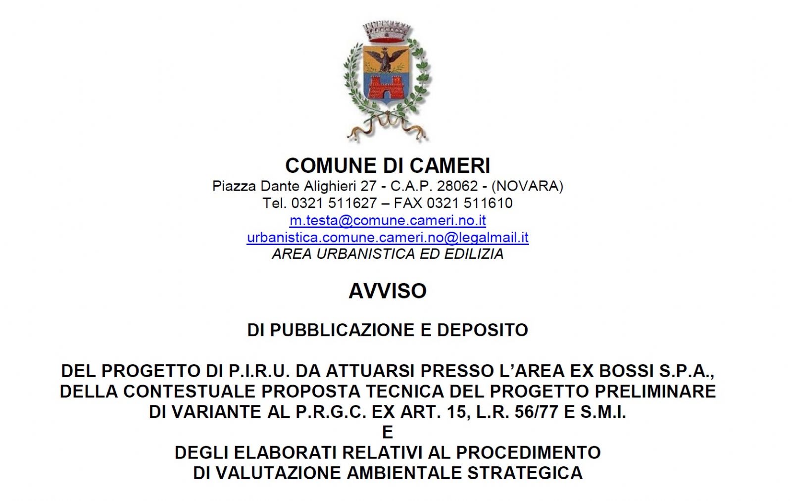 Pubblicazione e deposito del progetto di P.I.R.U. in variante al P.R.G.C.