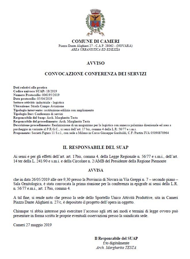 Avviso convocazione conferenza dei servizi