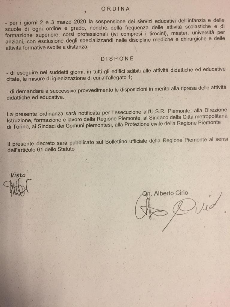 ORDINANZA DI SOSPENSIONE DELLE ATTIVITA' DIDATTICHE ED EDUCATIVE NEI GIORNI 2 E 3 MARZO 2020