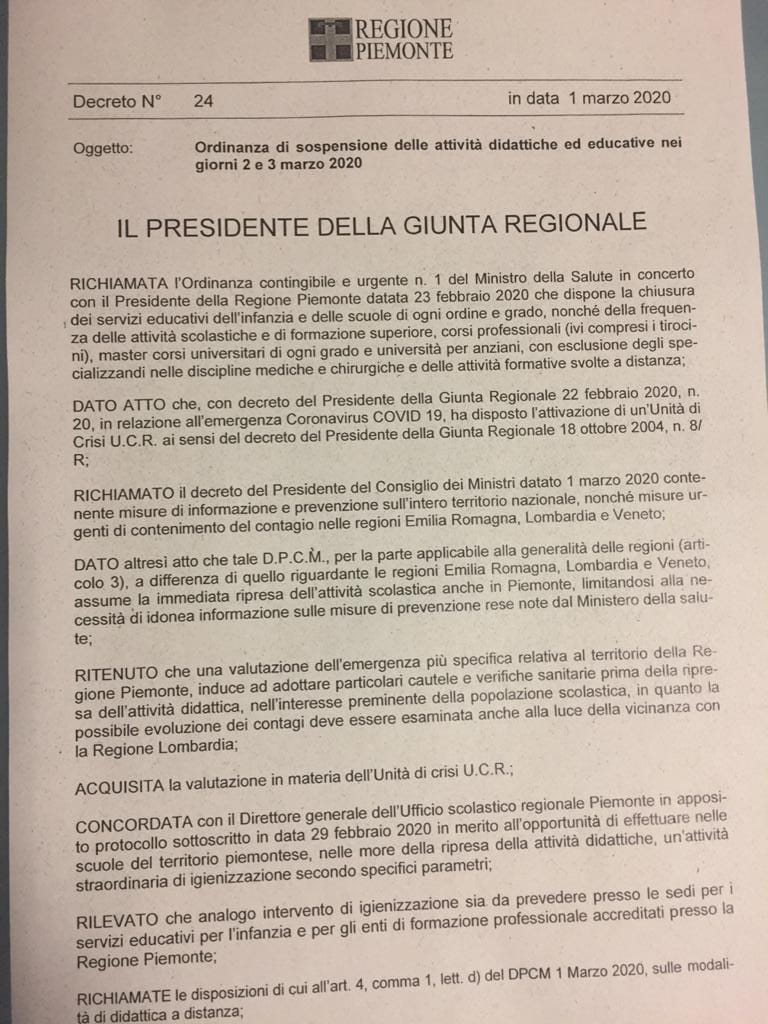 ORDINANZA DI SOSPENSIONE DELLE ATTIVITA' DIDATTICHE ED EDUCATIVE NEI GIORNI 2 E 3 MARZO 2020