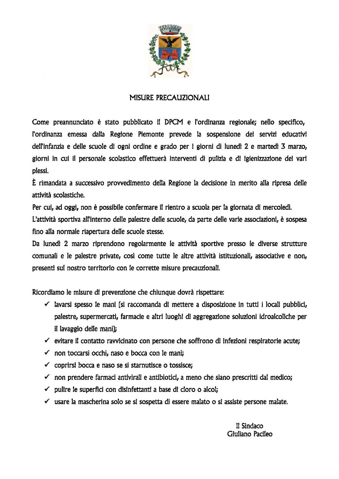 Misure precauzionali COVID - 19