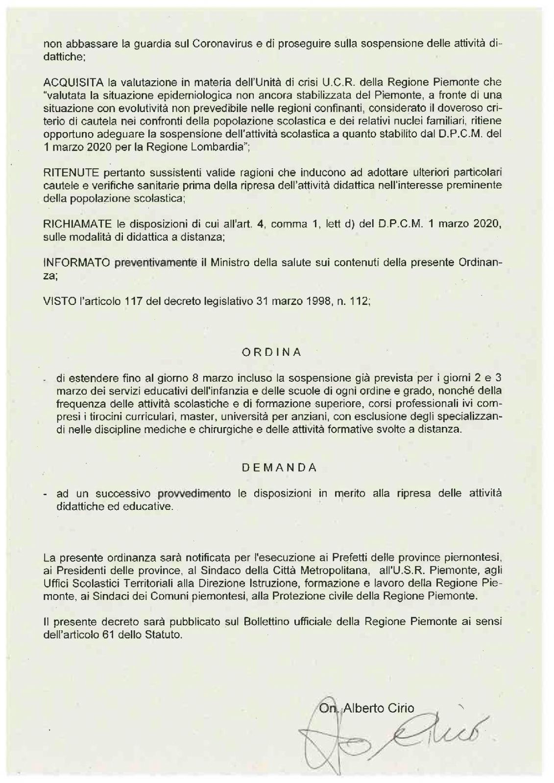 ORDINANZA DEL PRESIDENTE DELLA GIUNTA REGIONALE