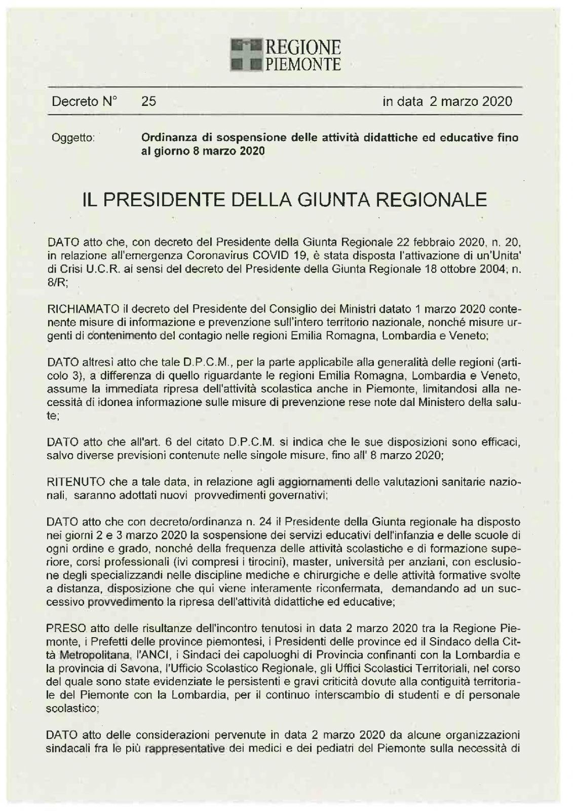 ORDINANZA DEL PRESIDENTE DELLA GIUNTA REGIONALE