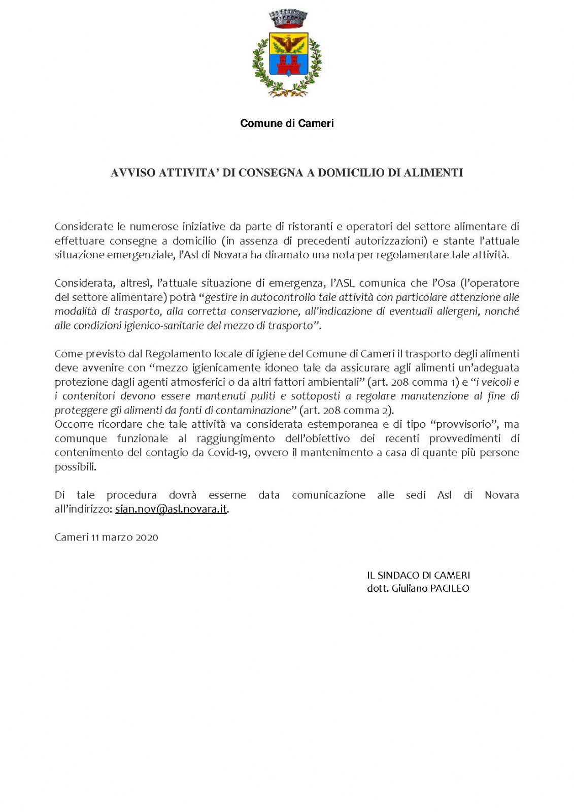 AVVISO ATTIVITA' DI CONSEGNA A DOMICILIO DI ALIMENTI