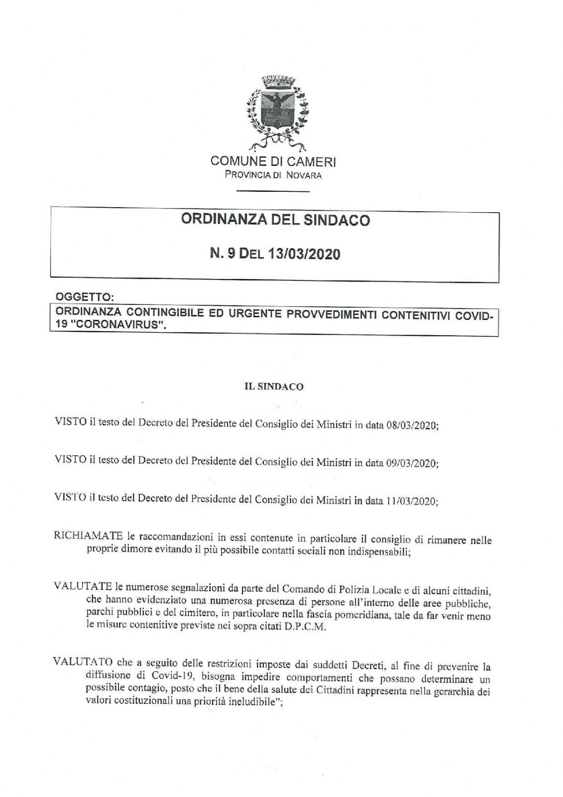 ORDINANZA SINDACALE N. 9