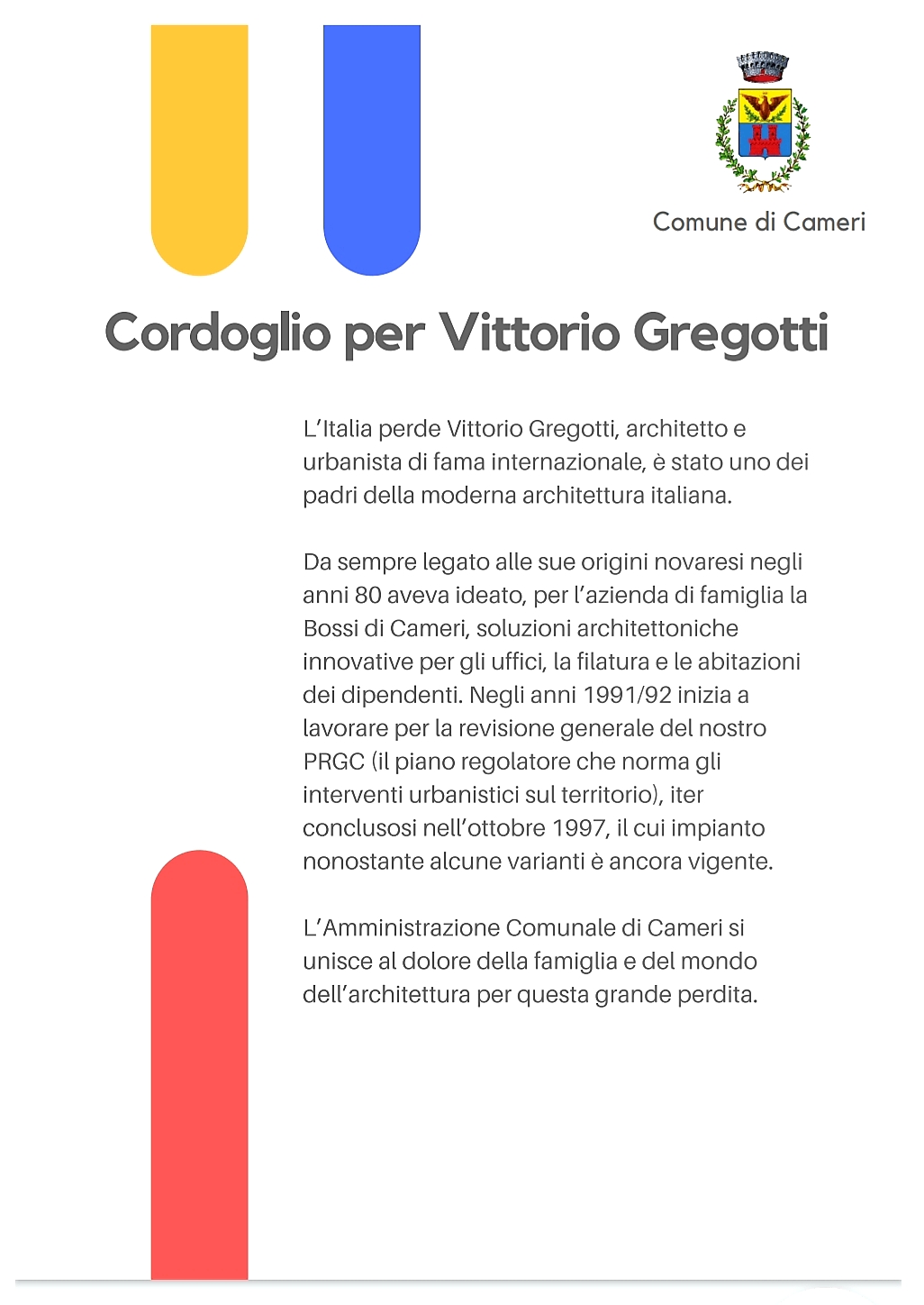 SCOMPARSA DELL'ARCHITETTO VITTORIO GREGOTTI