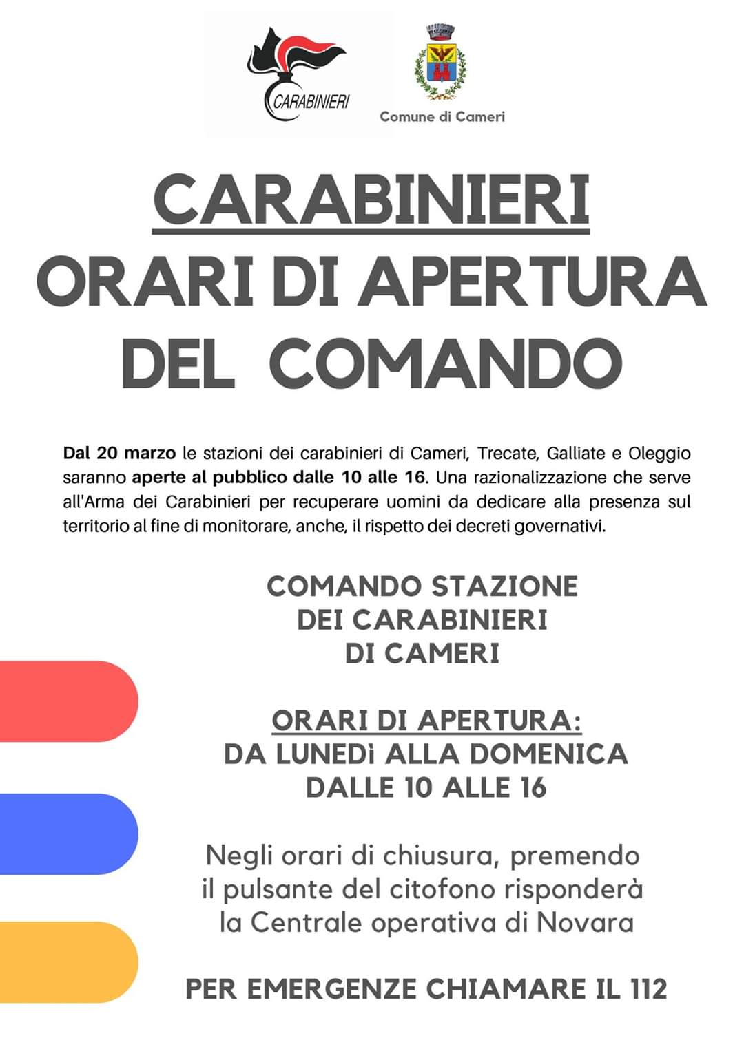 COMUNICAZIONE URGENTE - VARIAZIONE ORARIO APERTURA COMANDO CARABINIERI
