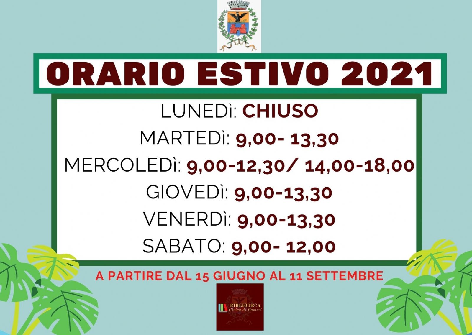 Orario estivo Biblioteca Civica di Cameri