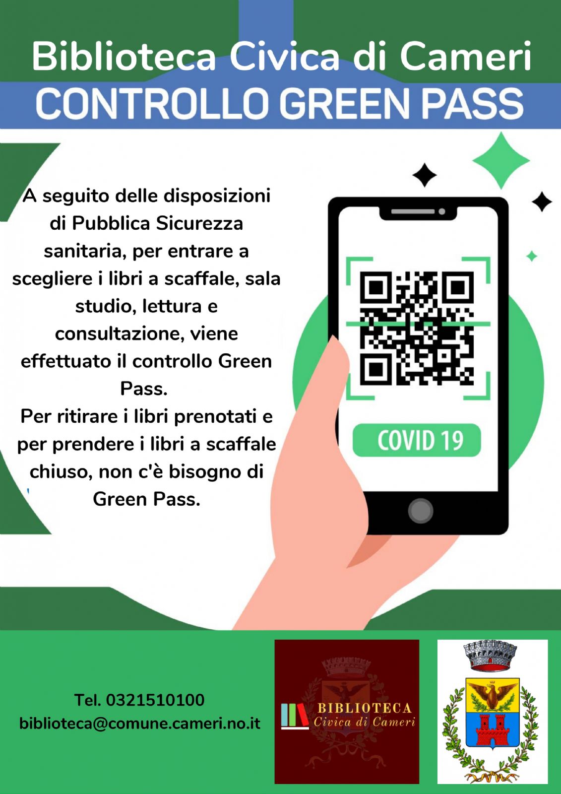 Green Pass per accesso alla Biblioteca Civica di Cameri