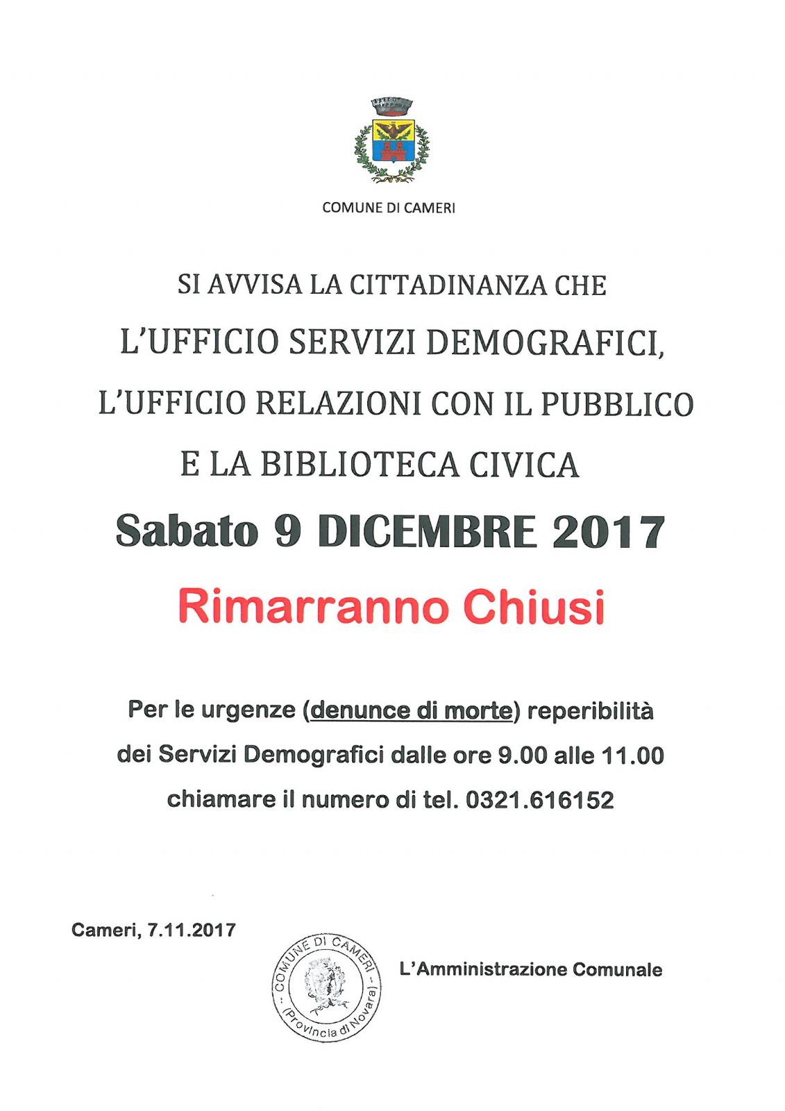 SABATO 9 DICEMBRE 2017