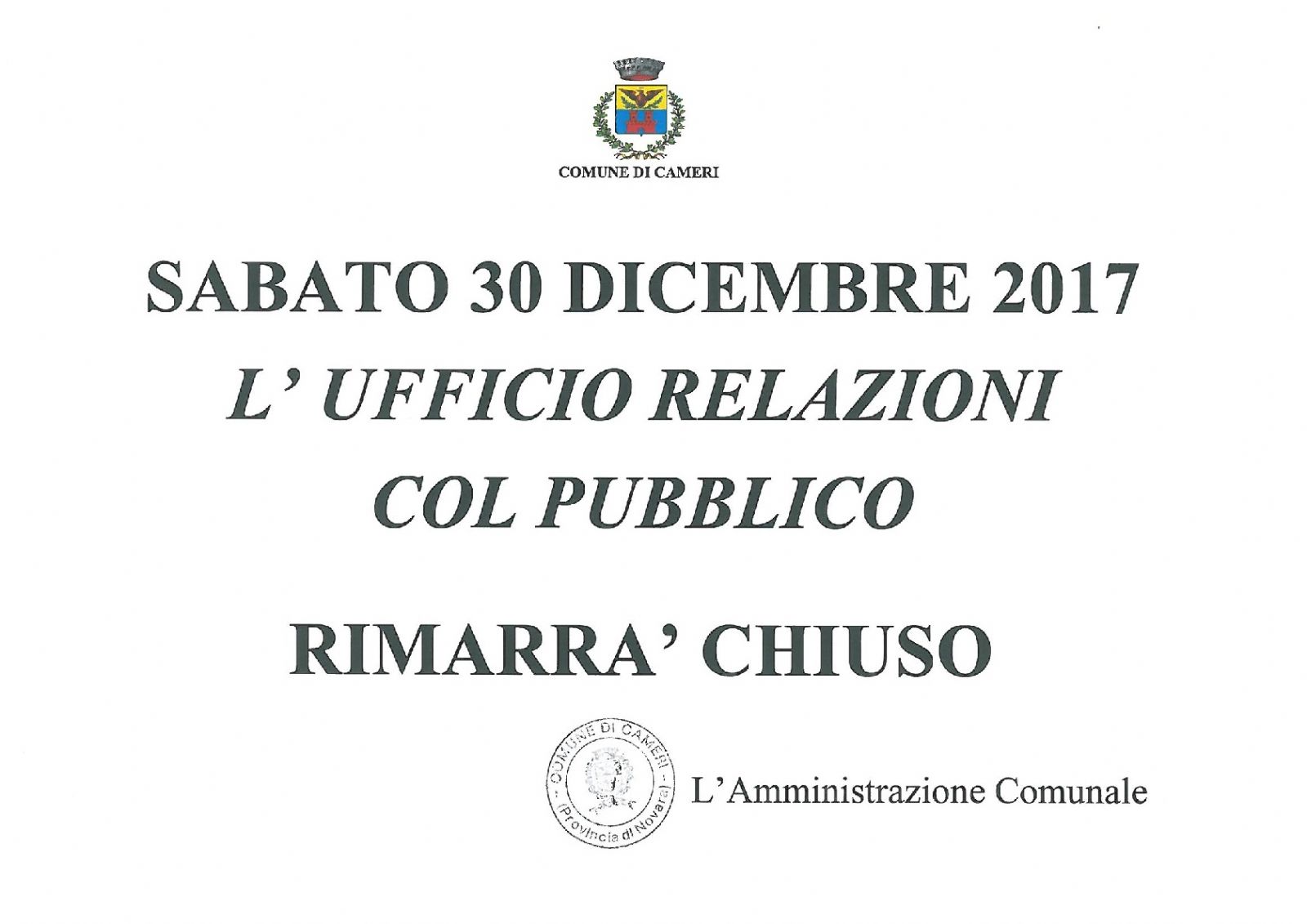 Chiusura Ufficio Relazioni col Pubblico